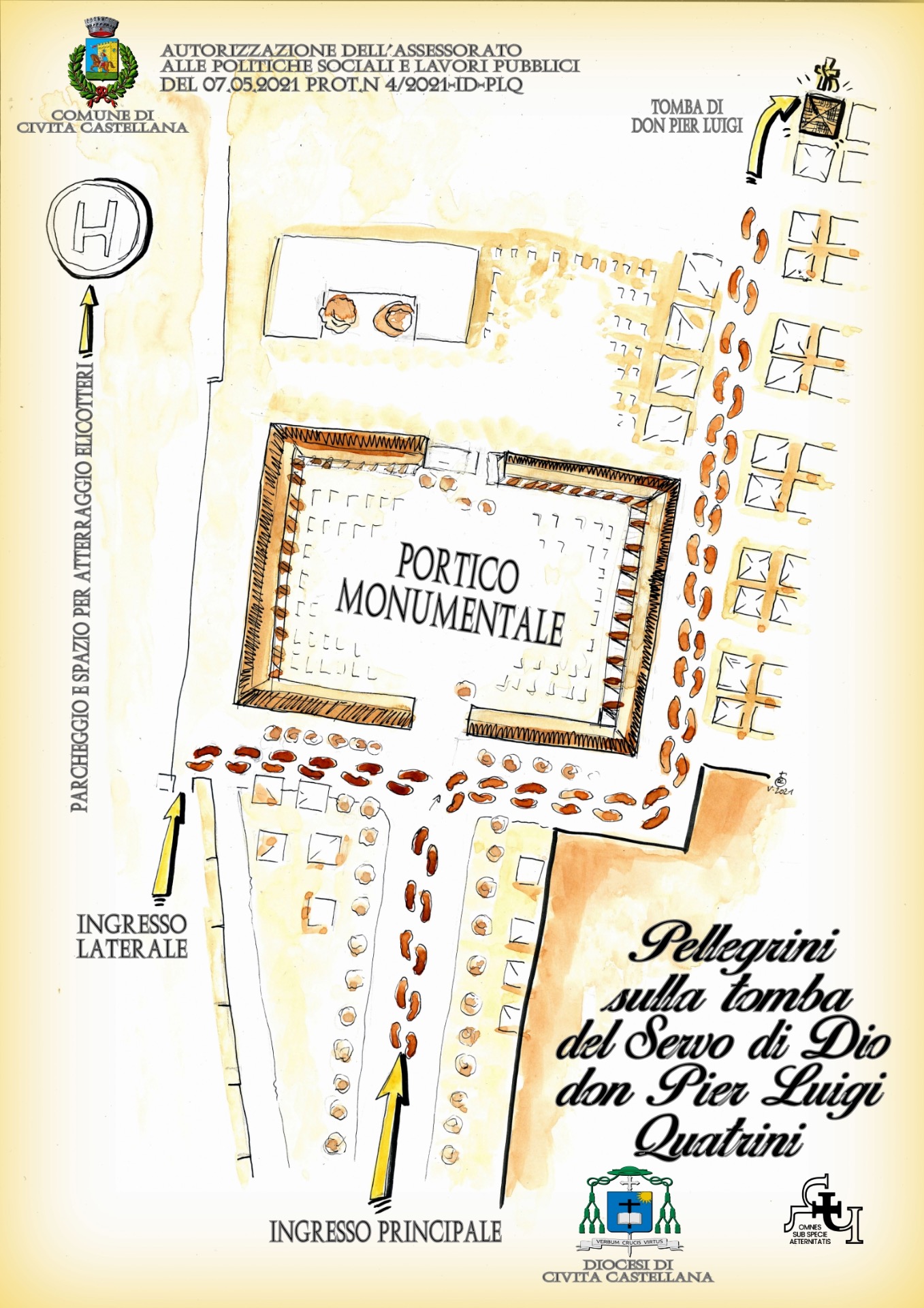 Mappa di accesso alla tomba del Servo di Dio don Pier Luigi Quatrini presso il cimitero monumentale di Civita Castellana, con indicazione degli ingressi e del percorso per raggiungere il luogo della sepoltura.